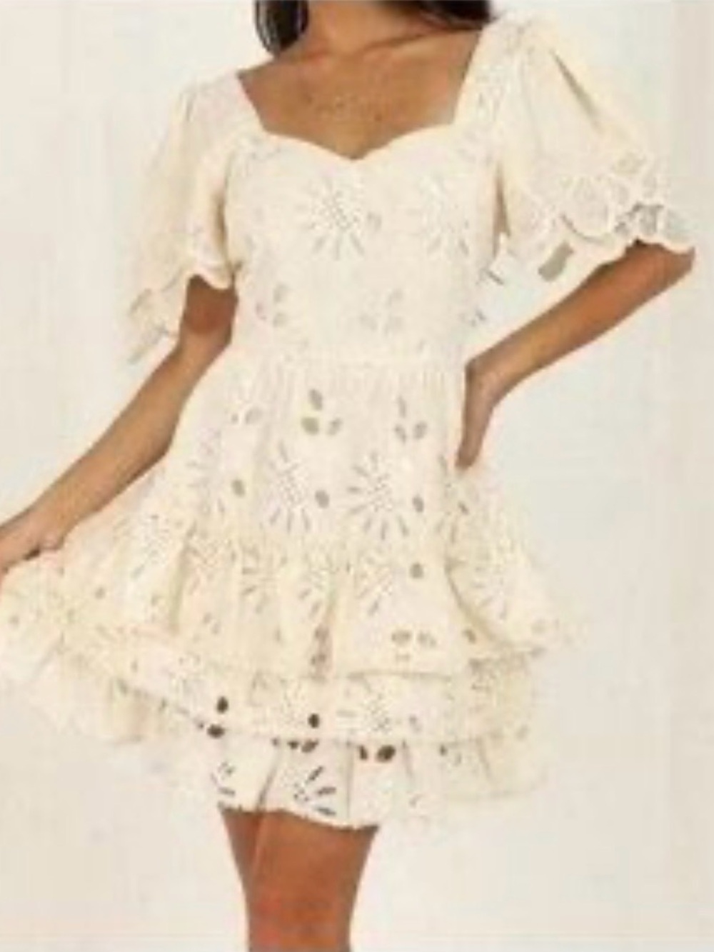 Just Me Cream Eyelet Tiered Mini Dress